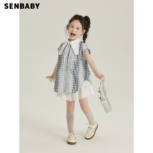 senbaby女童短袖衬衫夏装儿童韩版童装上衣中大童尖尖领格子衬衣