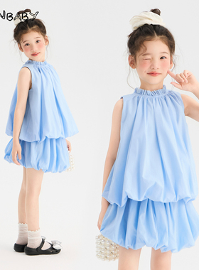senbaby童装女童夏季两件套韩版无袖上衣短裙儿童蓝色纱花苞套装