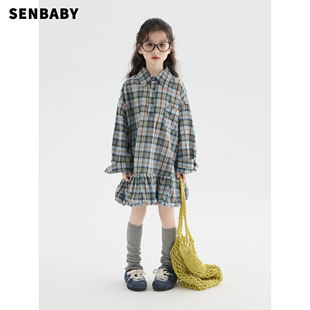 senbaby童装女童长袖连衣裙2026春季儿童翻领裙子长款格子衬衫裙