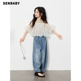 【现货】senbaby童装女童夏季上衣套装儿童背心露肩纱吊带上衣