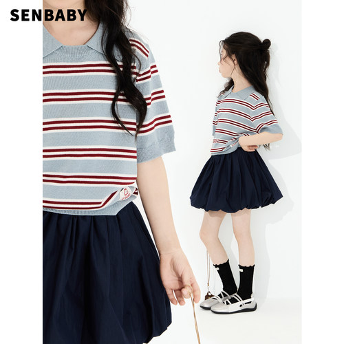 【现货】senbaby童装女童夏季针织套装儿童针织polo衫藏青花苞裙