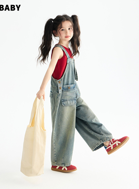 senbaby童装女童背带裤套装儿童红色无袖背心牛仔背带裤两件套