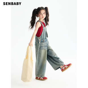 【现货】senbaby童装女童背带裤套装儿童背心牛仔背带裤两件套