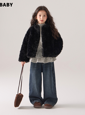 senbaby童装女童保暖加厚上衣2025冬季儿童韩版洋气黑色毛毛外套