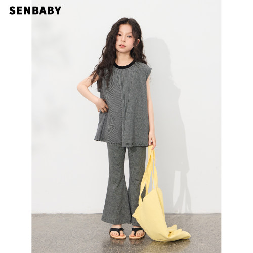 senbaby童装女童条纹套装儿童不规则上衣+喇叭裤两件套