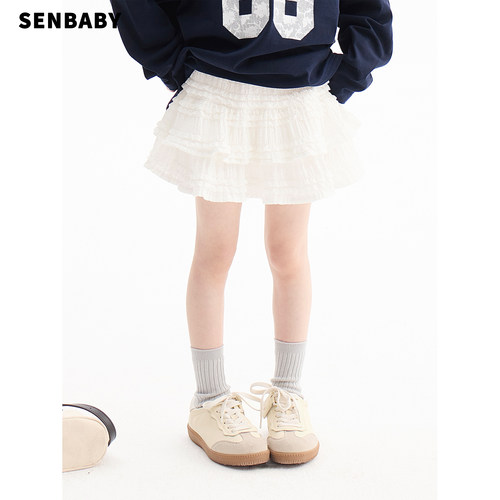 senbaby童装女童短裙新款半身裙蕾丝半裙层层皱蛋糕裙