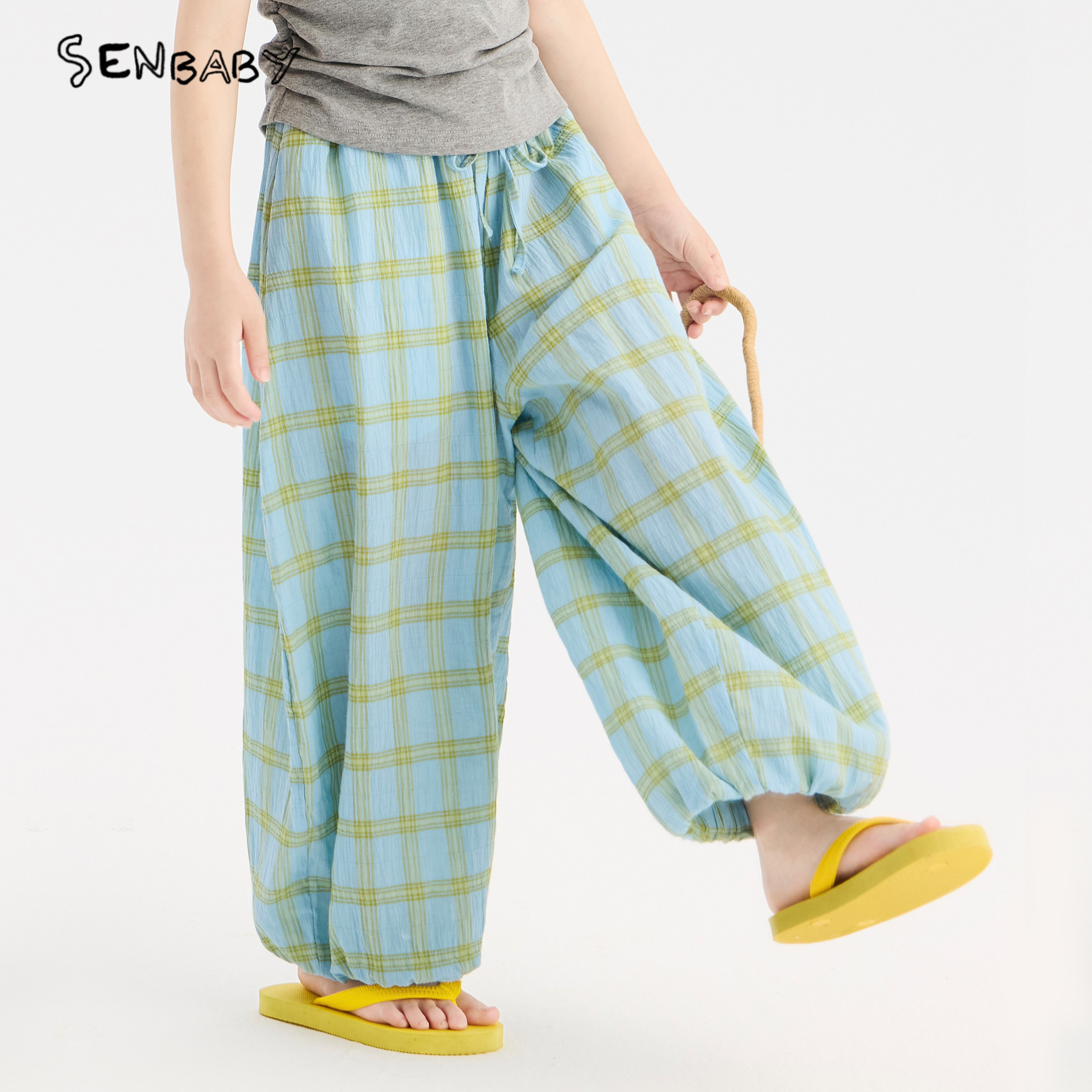 【现货】senbaby童装女童休闲阔腿长裤2026夏季新款宽松格子裤