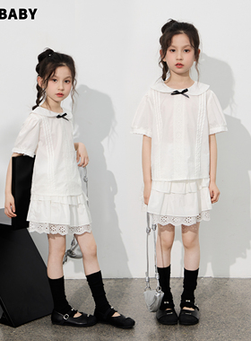senbaby童装女童套装儿童短袖上衣蕾丝半裙夏季学院风纯白色套装