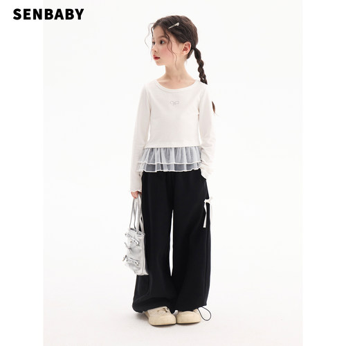 senbaby童装女童春夏季长袖上衣儿童洋气网纱拼接t恤拼纱修身T恤