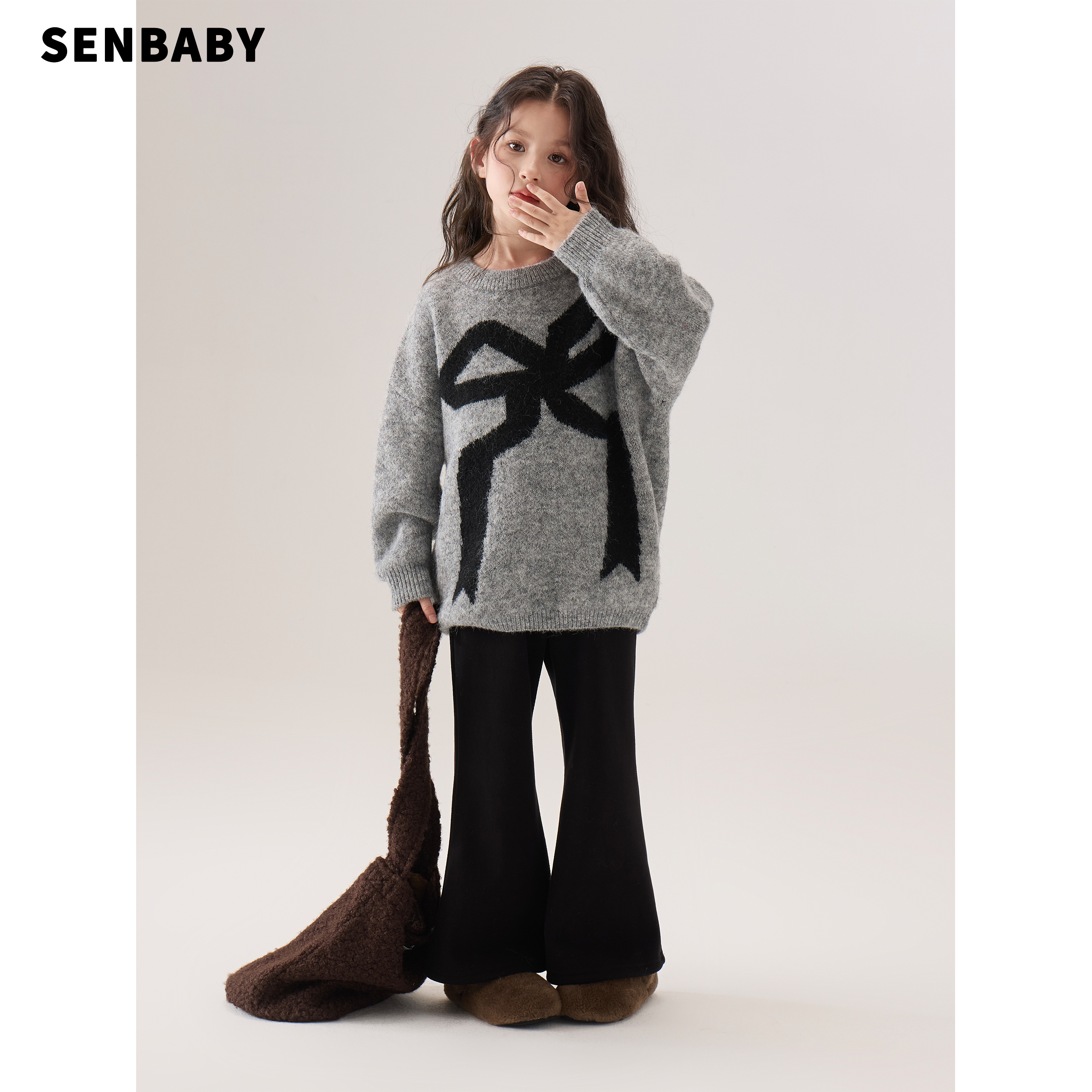senbaby童装女童毛衣2025秋冬韩版针织衫上衣儿童灰色蝴蝶结毛衣