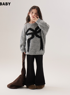 【现货】senbaby童装女童毛衣2025秋冬上衣儿童灰色蝴蝶结毛衣