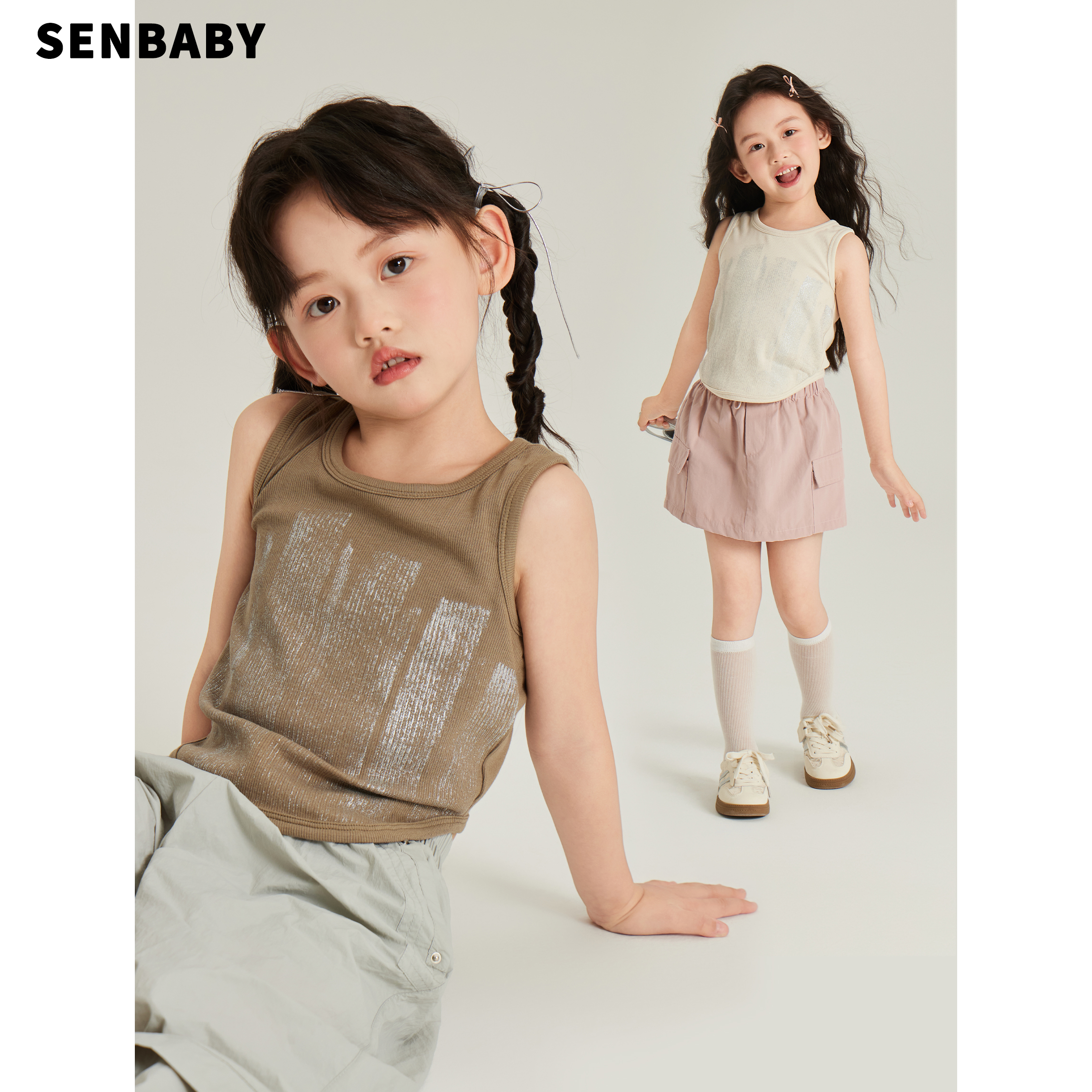 senbaby童装儿童夏装上衣中大童韩版衣服夏女童前长后短无袖背