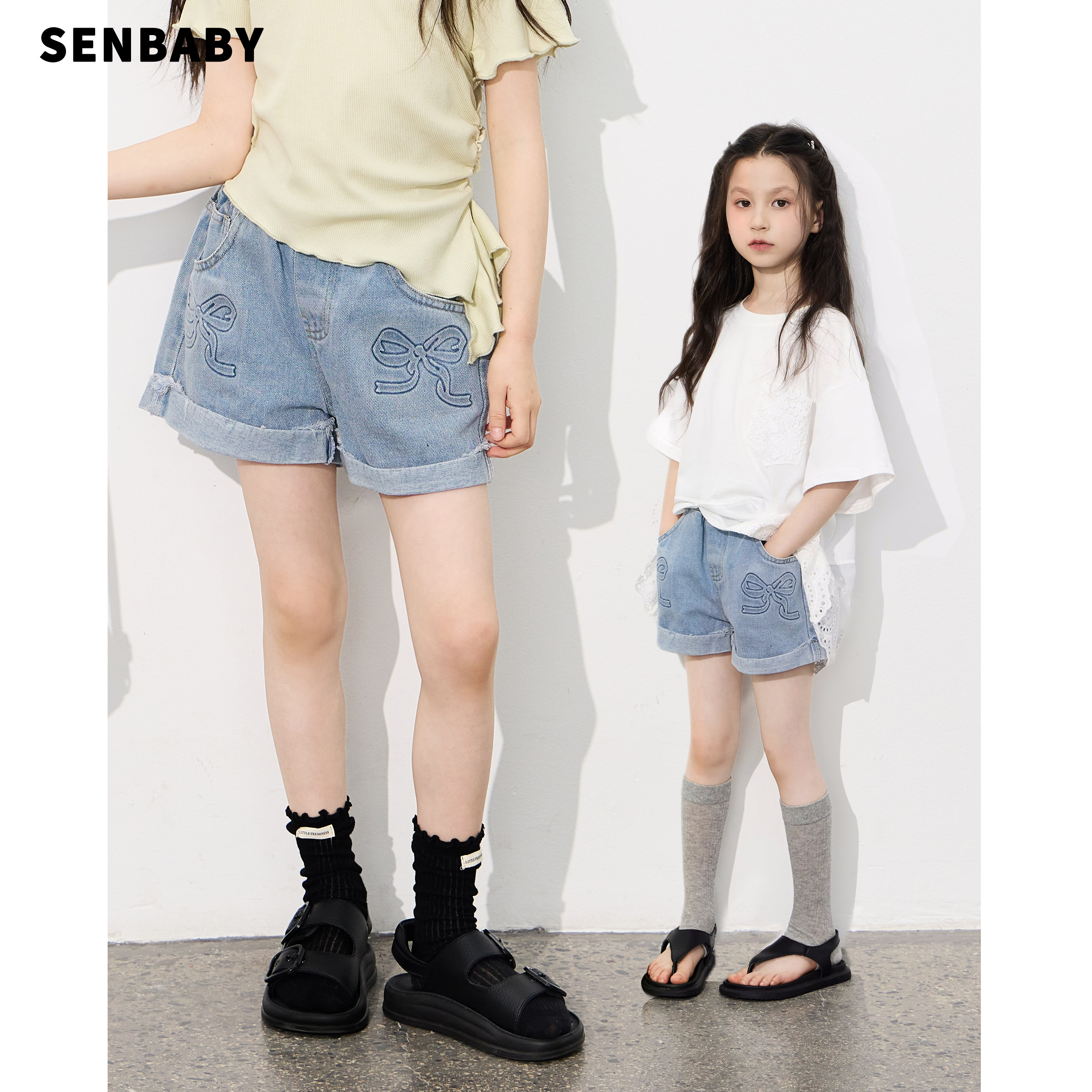 【现货】senbaby童装女童牛仔裤短款夏季韩版儿童休闲牛仔短裤