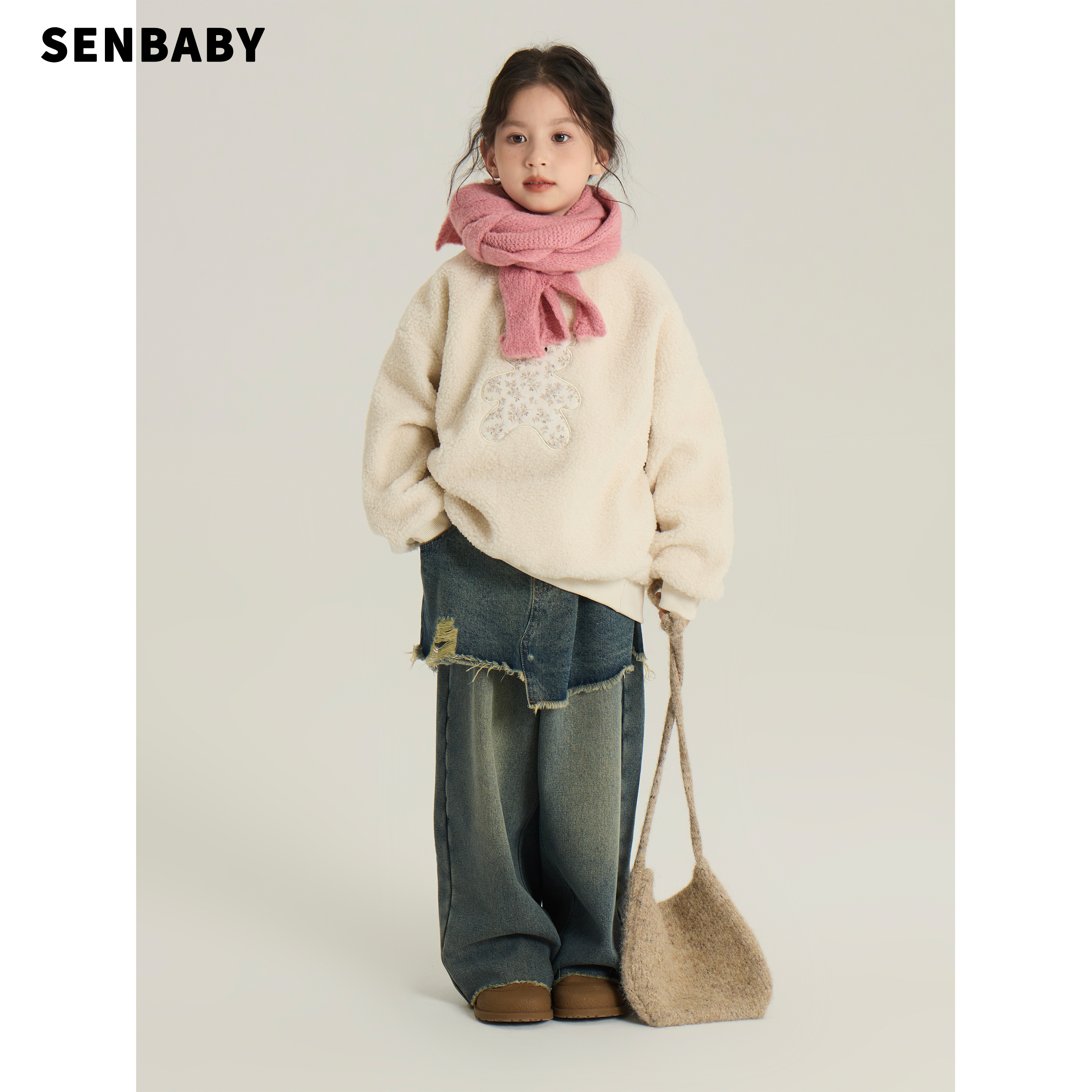 senbaby童装碎花小熊毛绒卫衣