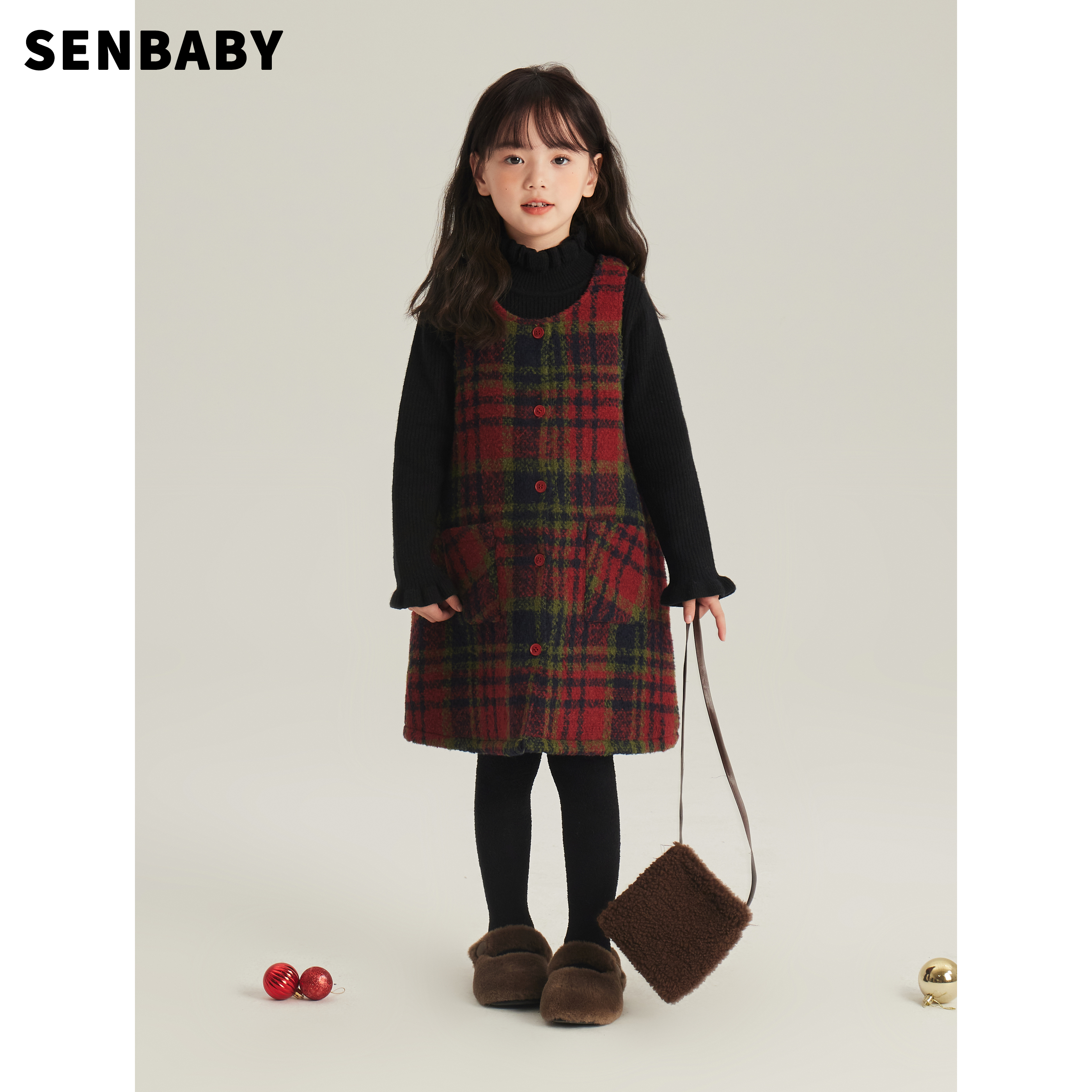 Senbaby童装女童毛呢裙冬装圣诞新年格子背心裙中大童加棉连衣裙