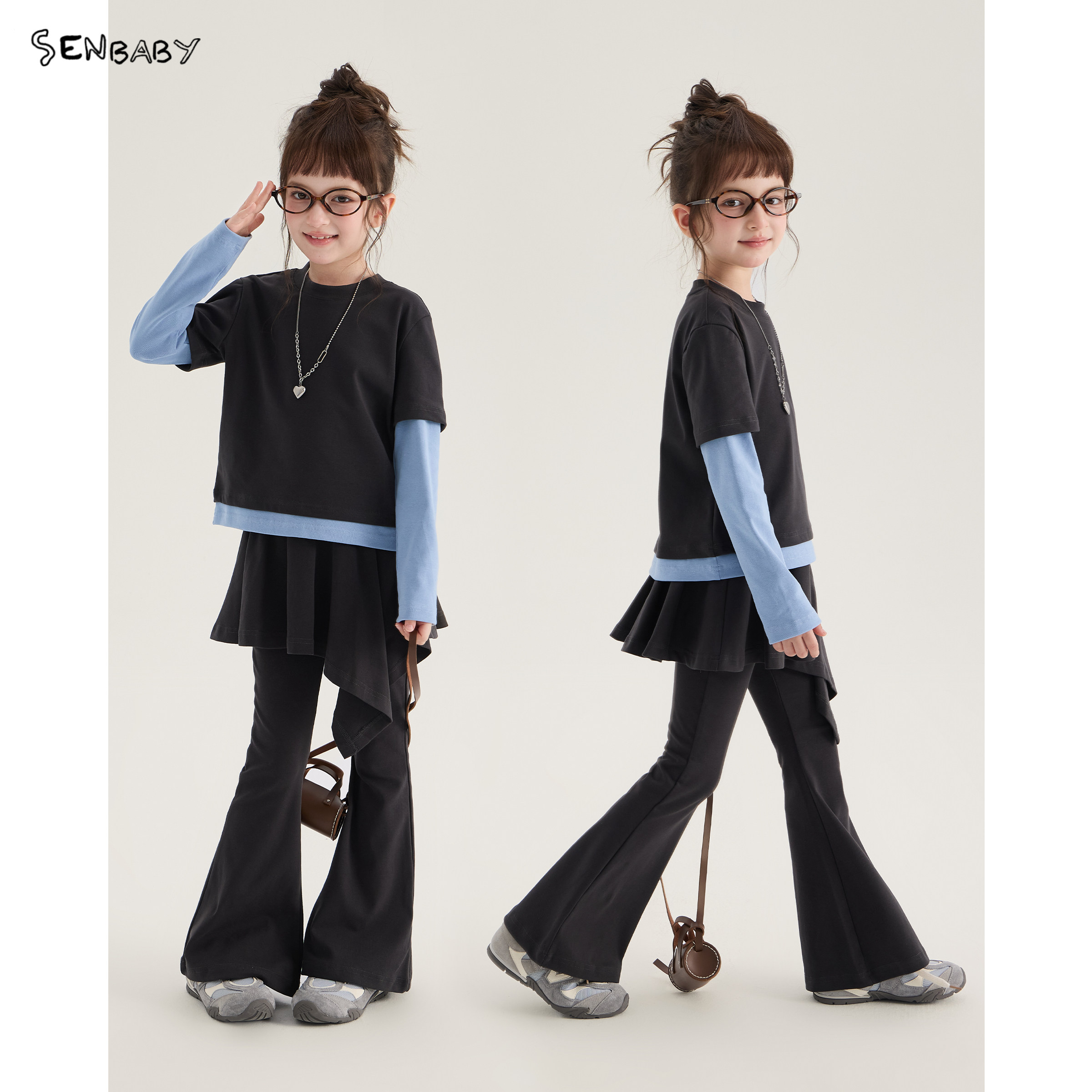 senbaby童装女童秋季新款套装长袖假两件T恤喇叭裤套装