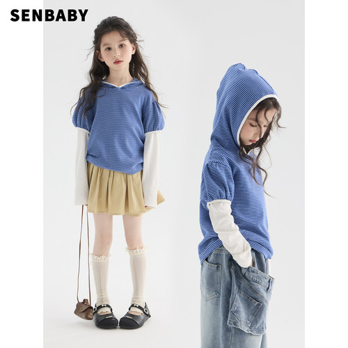 【现货】senbaby童装女童套装春秋新款假两件条纹帽衫裤裙两件套