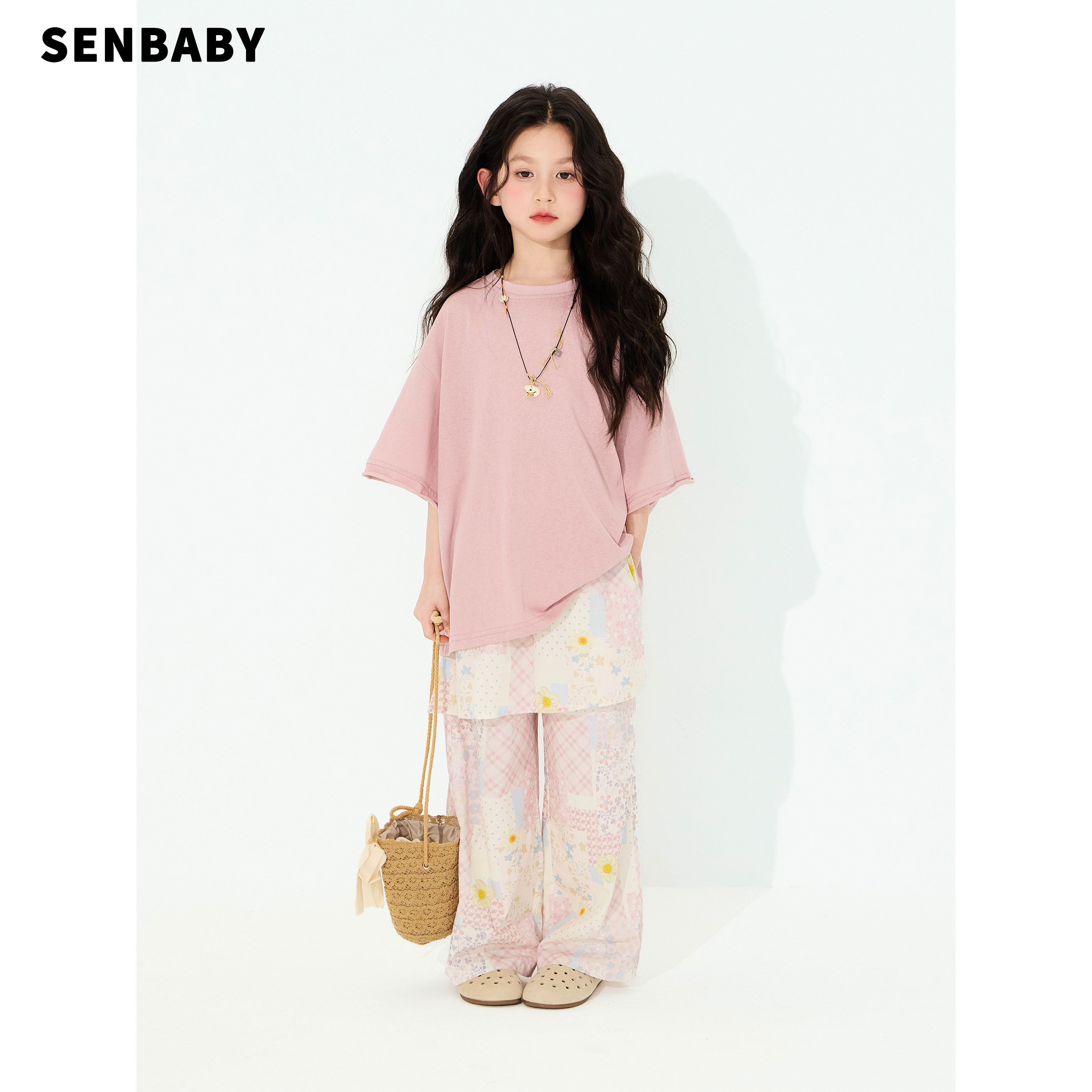 senbaby童装女童夏季套装儿童宽松粉色T恤碎花P帘宽松长裤两件套