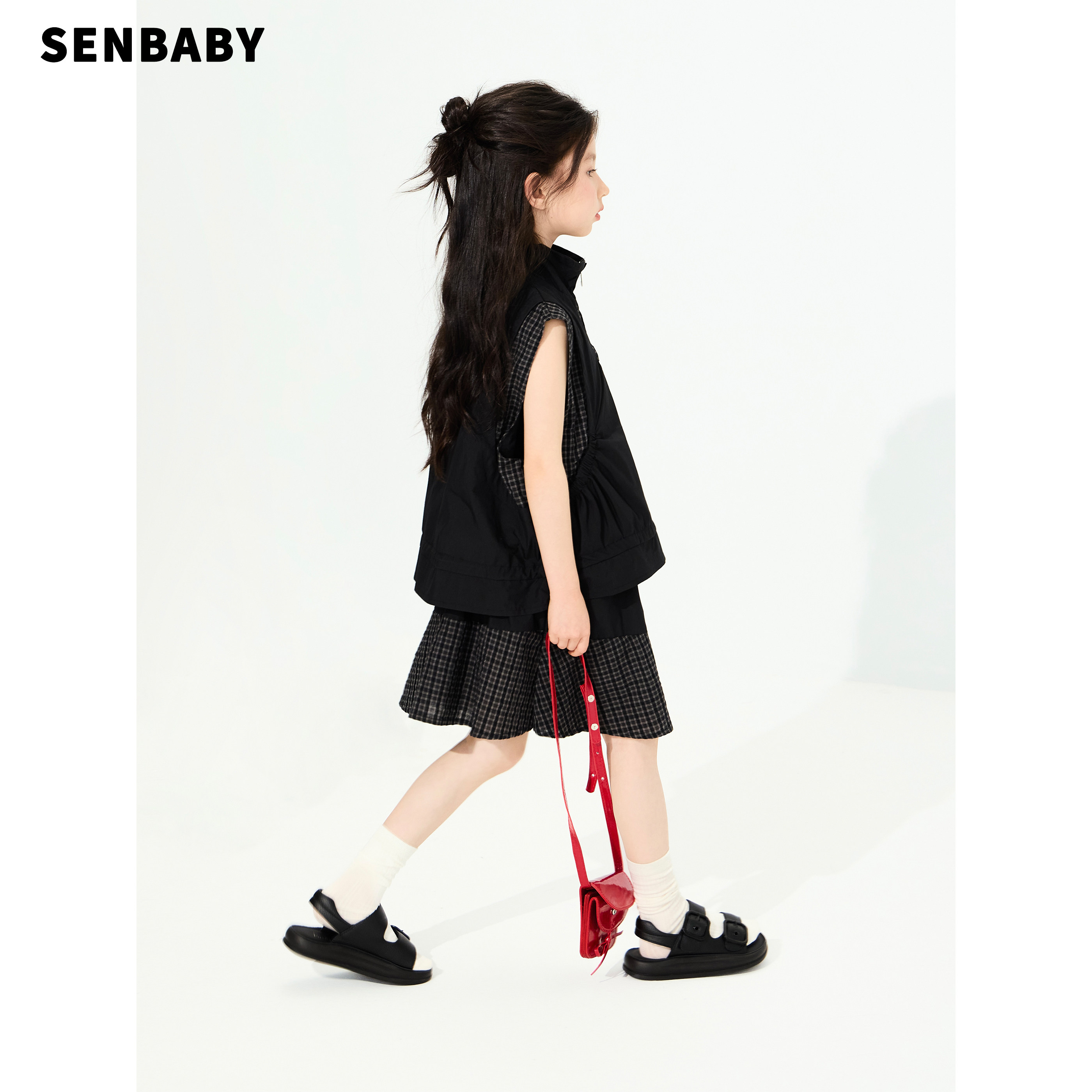 【现货】senbaby童装女童套装夏季儿童立领无袖上衣+半身裙两件套
