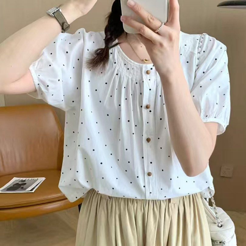 甜美减龄显瘦波点圆领短袖衬衫女 夏季新款宽松百搭纯棉上衣小衫