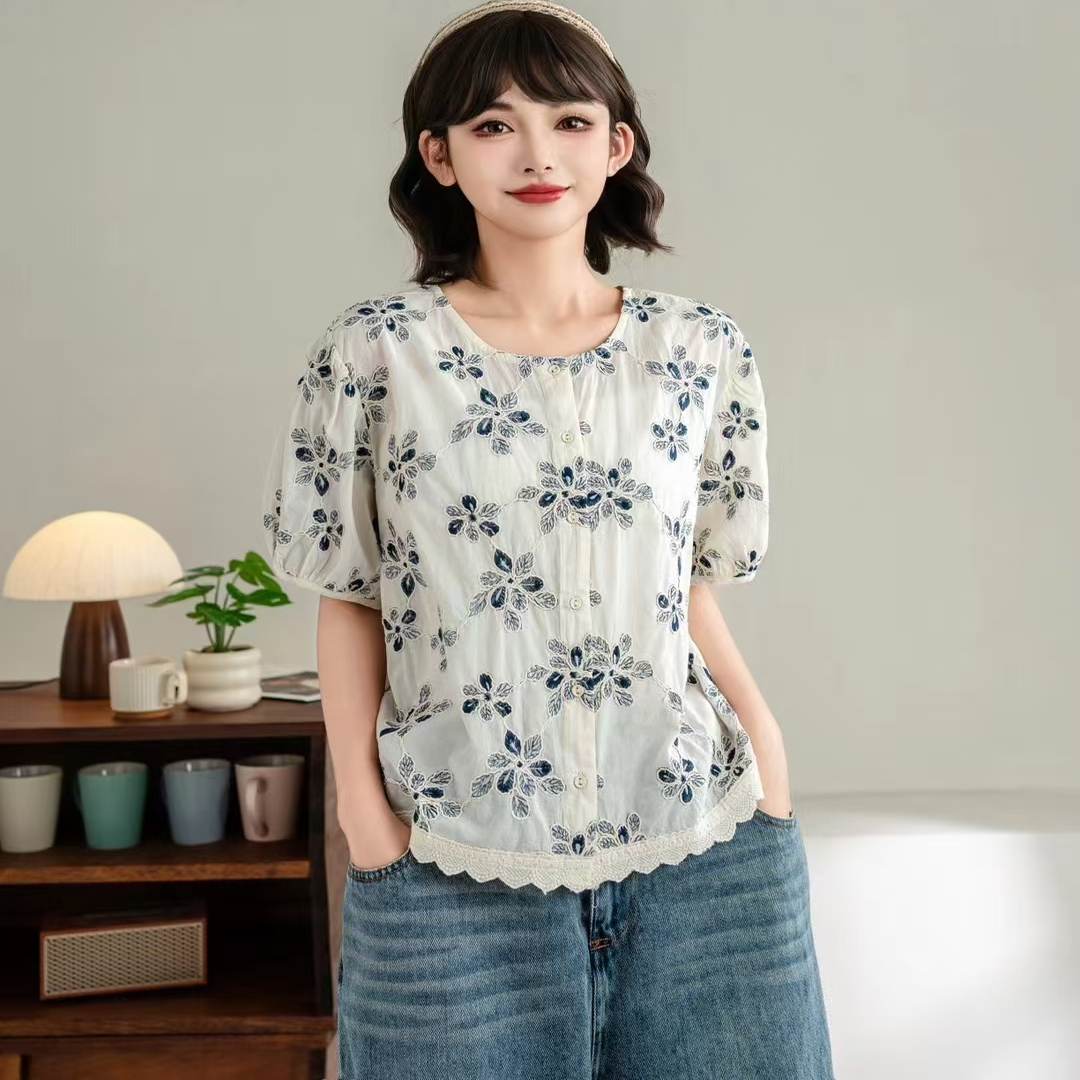 前后两穿~韩版刺绣花朵花边圆领短袖女衬衫夏季新款宽松纯棉衬衣