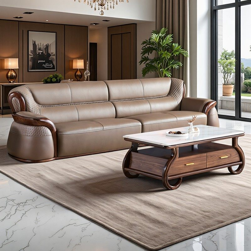 现代乌金木真皮沙发头层牛皮新中式直排一字型加脚踏客厅实木家具