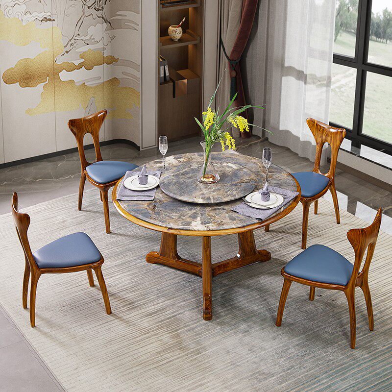 北欧乌金木餐桌椅组合带转盘客厅新中式饭厅大理石圆形实木桌子