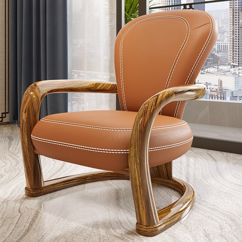 乌金木真皮现代新中式简约休闲实木牛皮转椅单人沙发书房客厅家具