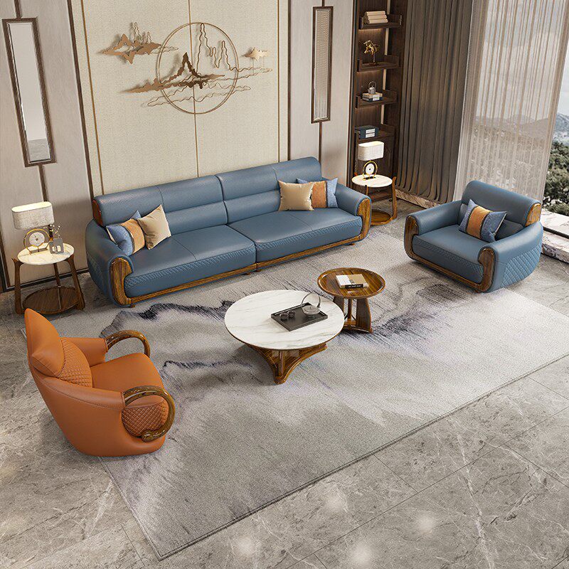 现代新中式乌金木真皮沙发头层牛皮美式轻奢小户型客厅实木家具