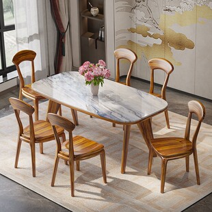 新中式乌金木餐桌大理石现代长方形桌子家用饭厅饭桌实木餐桌椅子