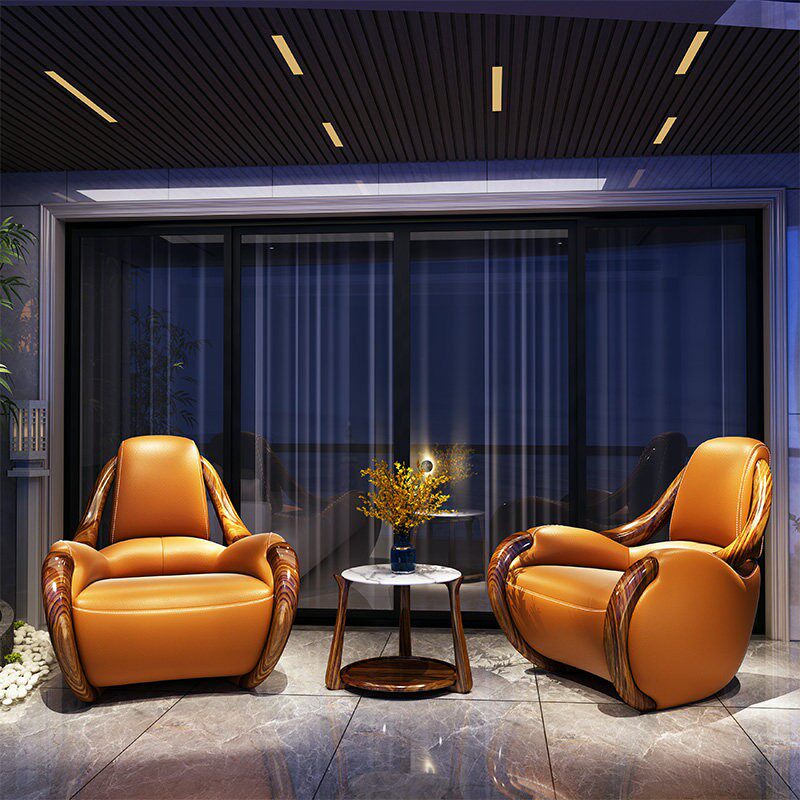 现代新中式乌金木单椅北欧实木厚皮休闲椅设计师单人沙发椅