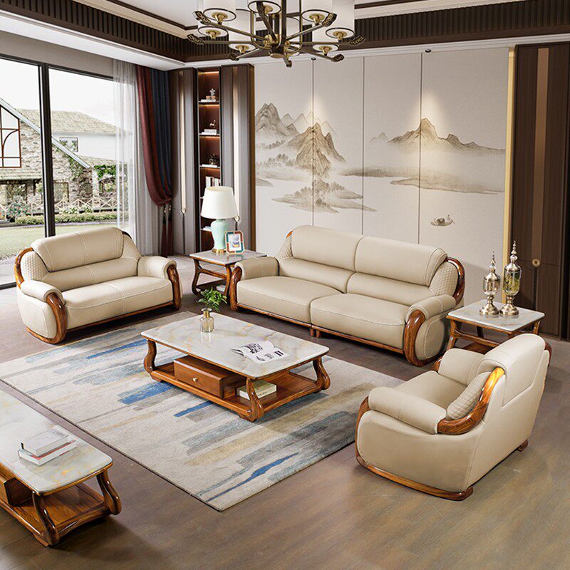 现代轻奢乌金木真皮沙发新中式家用客厅高档别墅实木皮艺直排沙发