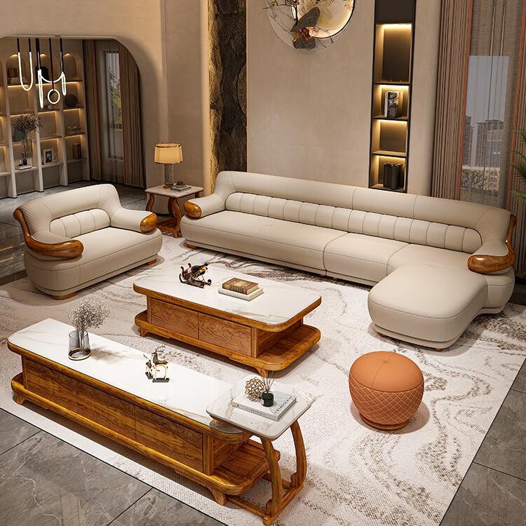 新中式乌金木真皮沙发客厅组合现代简约实木大户型别墅奢华沙发