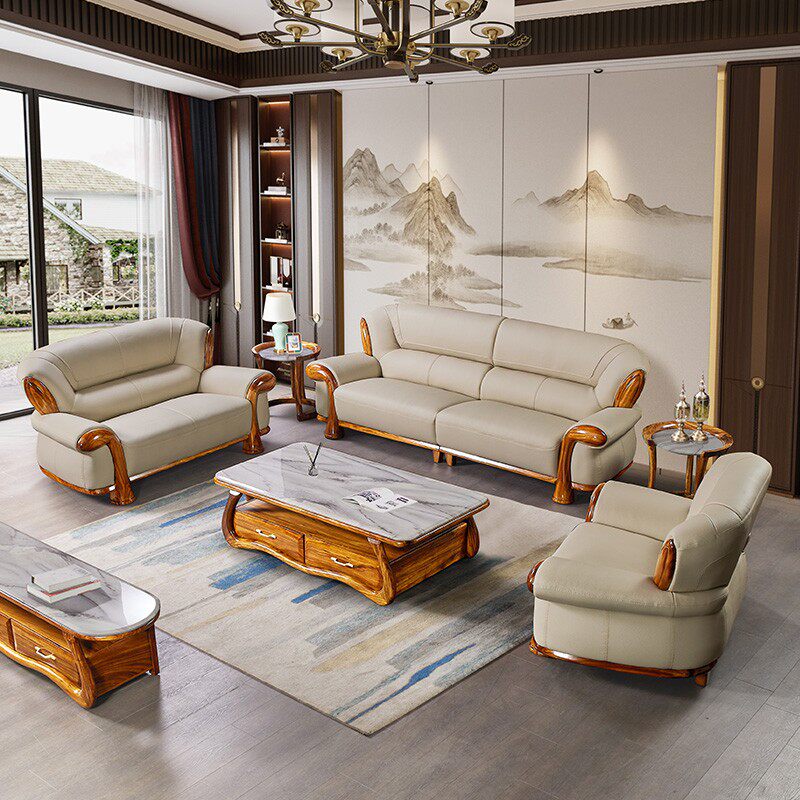 乌金木真皮沙发组合现代新中式头层牛皮高端别墅客厅家用实木沙发