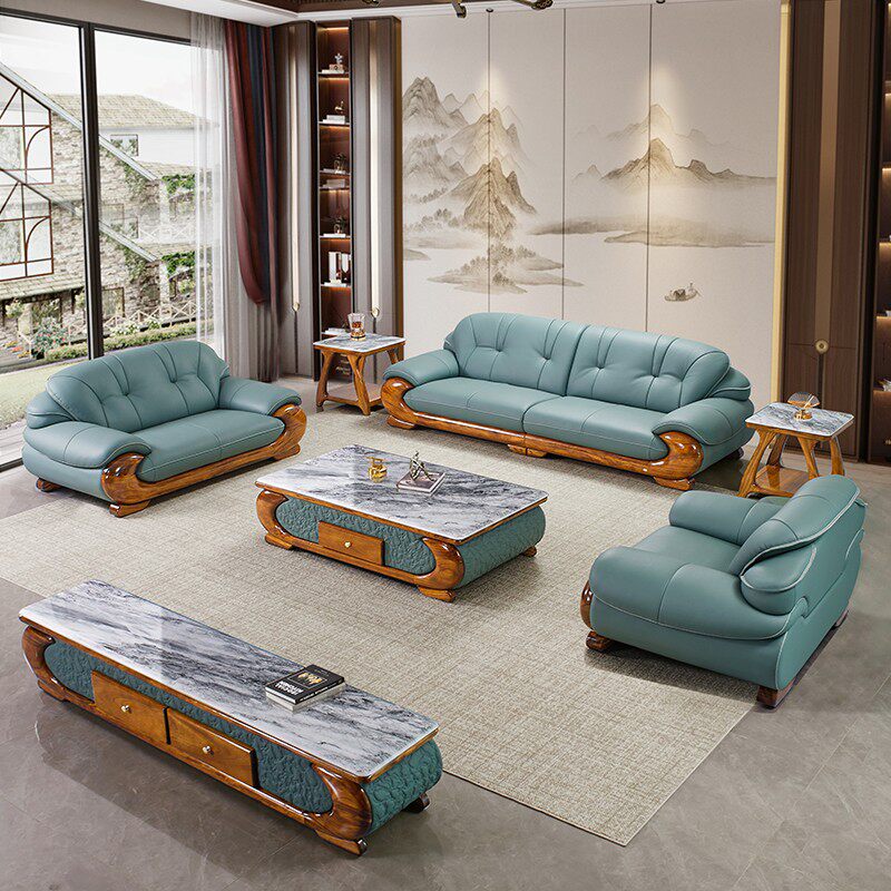 现代乌金木真皮沙发新中式客厅高端别墅家用轻奢实木皮艺沙发组合