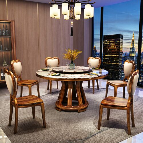 乌金木餐桌新中式大理石家用饭桌现代转盘桌子实木餐桌椅组合