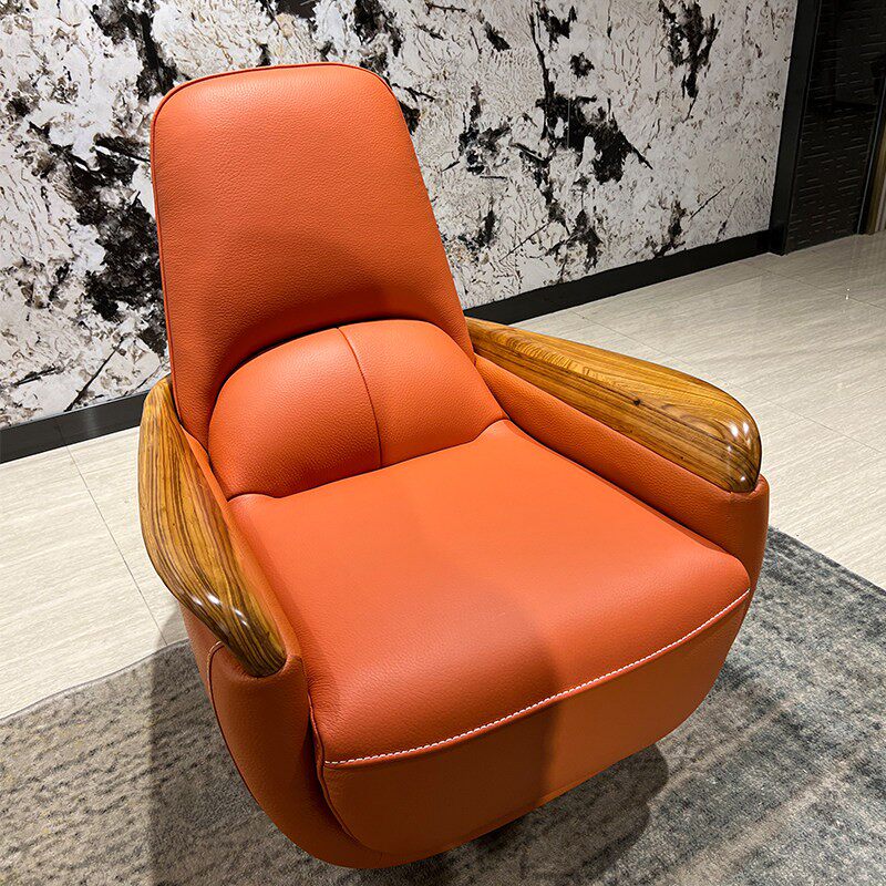 乌金木头层真皮休闲转椅单人沙发现代新中式轻奢简约高端客厅家具