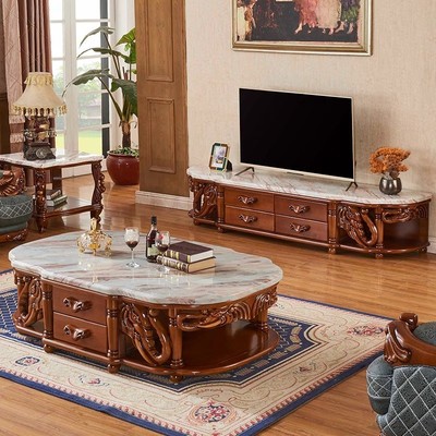 欧式实木大理石茶几电视柜组合高档客厅美式雕花仿古色实木茶几