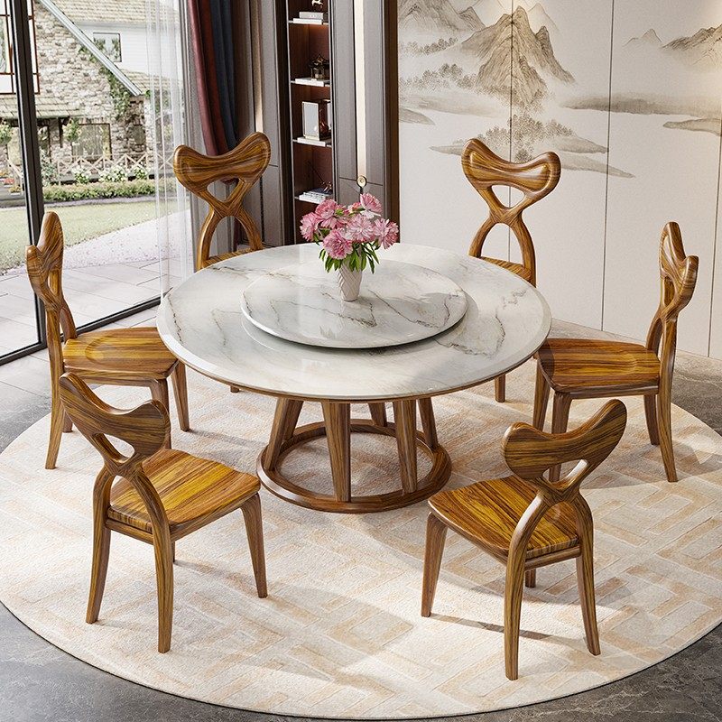 新中式乌金木餐桌现代简约转盘吃饭桌子家用实木大理石圆桌椅组合