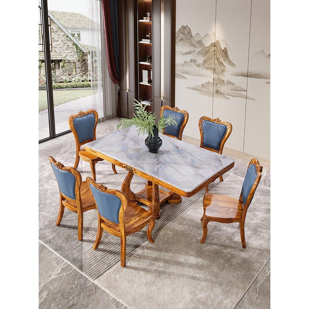 乌金木大理石餐桌椅现代新中式高端家用实木吃饭长方形桌椅子组合