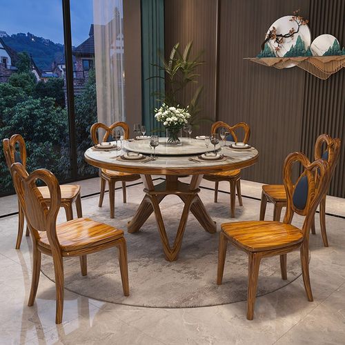 新中式乌金木圆餐桌带转盘实木家用现代1桌4椅6椅餐厅组合家具