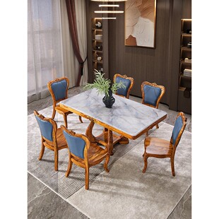 乌金木长方形餐桌椅组合家用新中式餐厅大理石台面饭桌子实木餐台