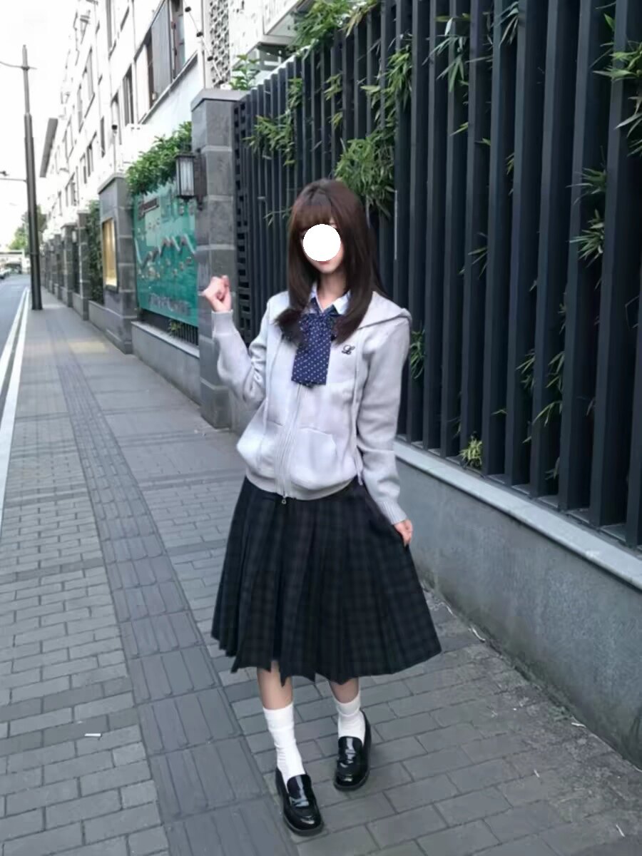 日系少女感秋语中Jk制服开衫秋冬款连帽拉链外套减龄学院风一整套