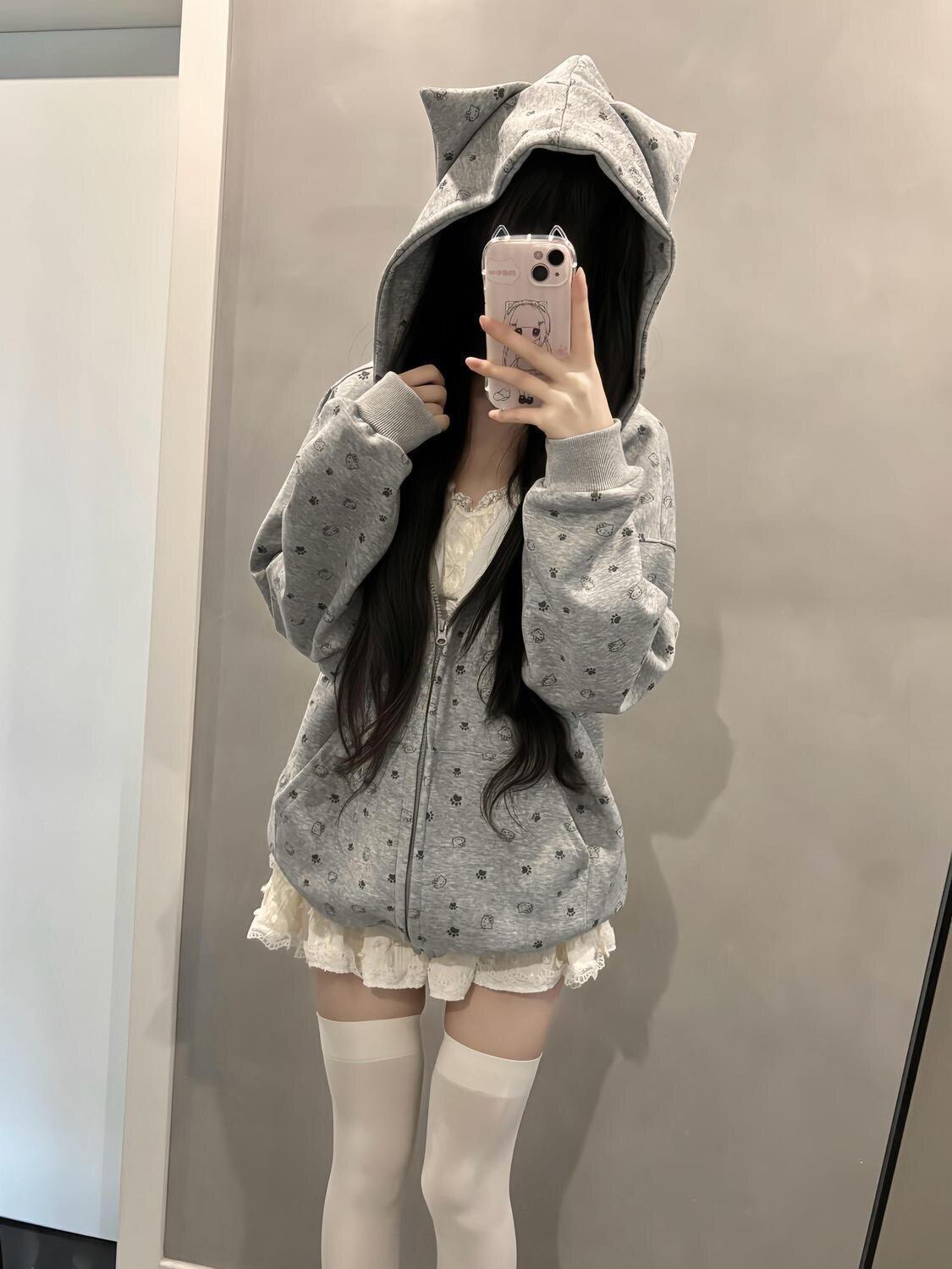 美式可爱猫耳满印连帽卫衣女大童春秋小众别致Kitty钉珠外套开衫