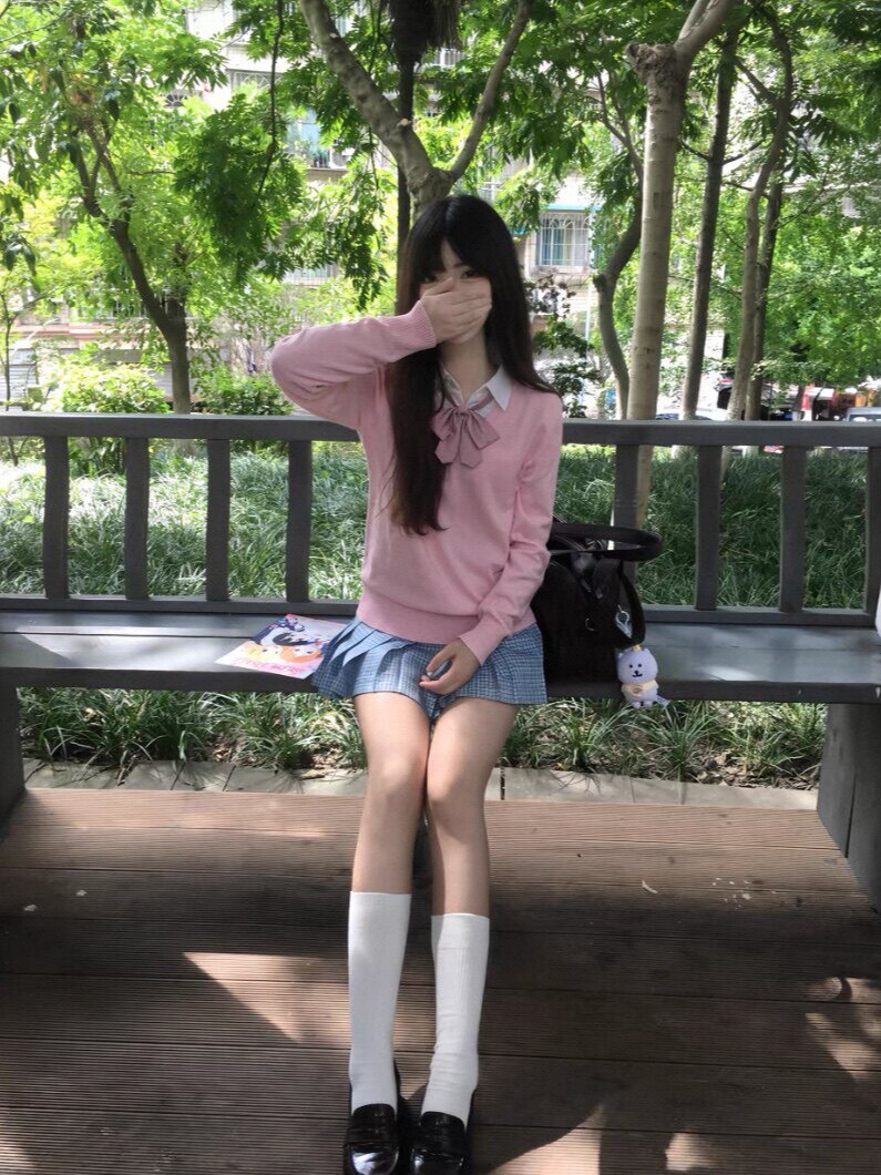 原创JK制服粉色甜美套头毛衣叠穿松蓝格裙套装日系学院风校供感女