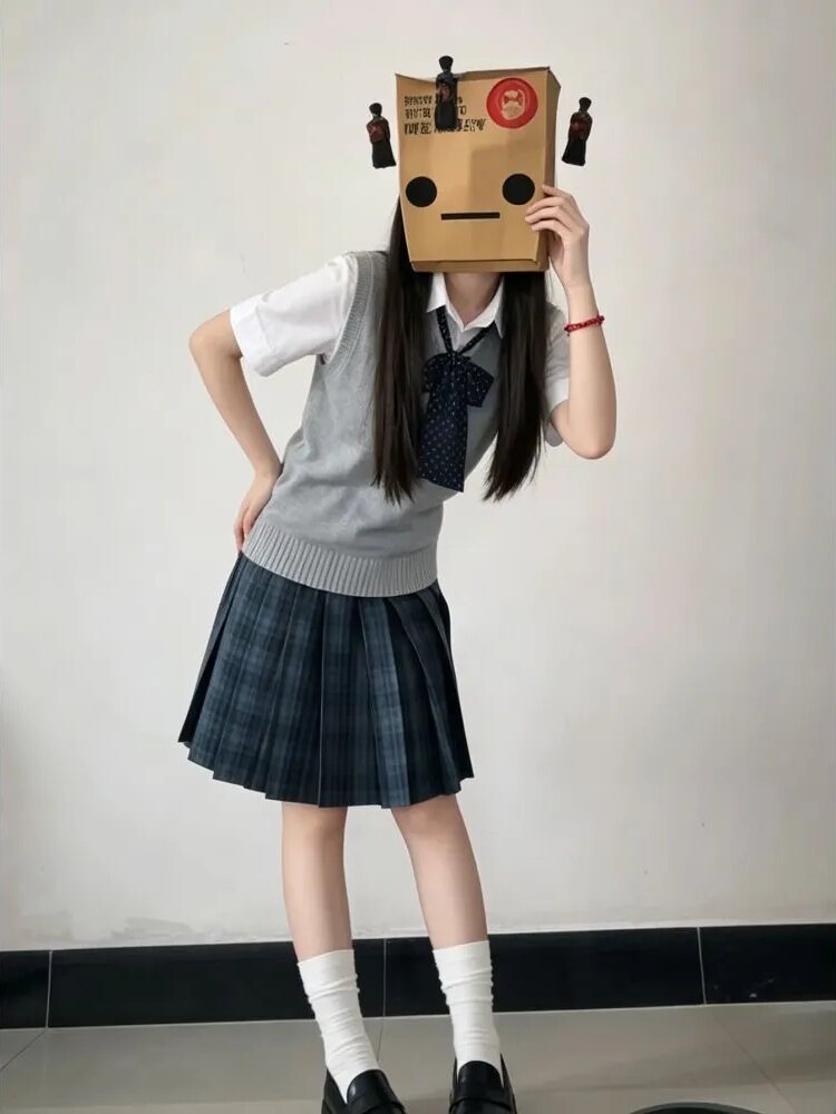 校供感Jk制服套装日系针织背心学院风海苔格裙中长款百褶裙一整套图片