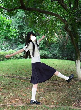 原创Jk制服短袖白衬衫叠穿绀色中长裙校供感班级毕业季集体照套装