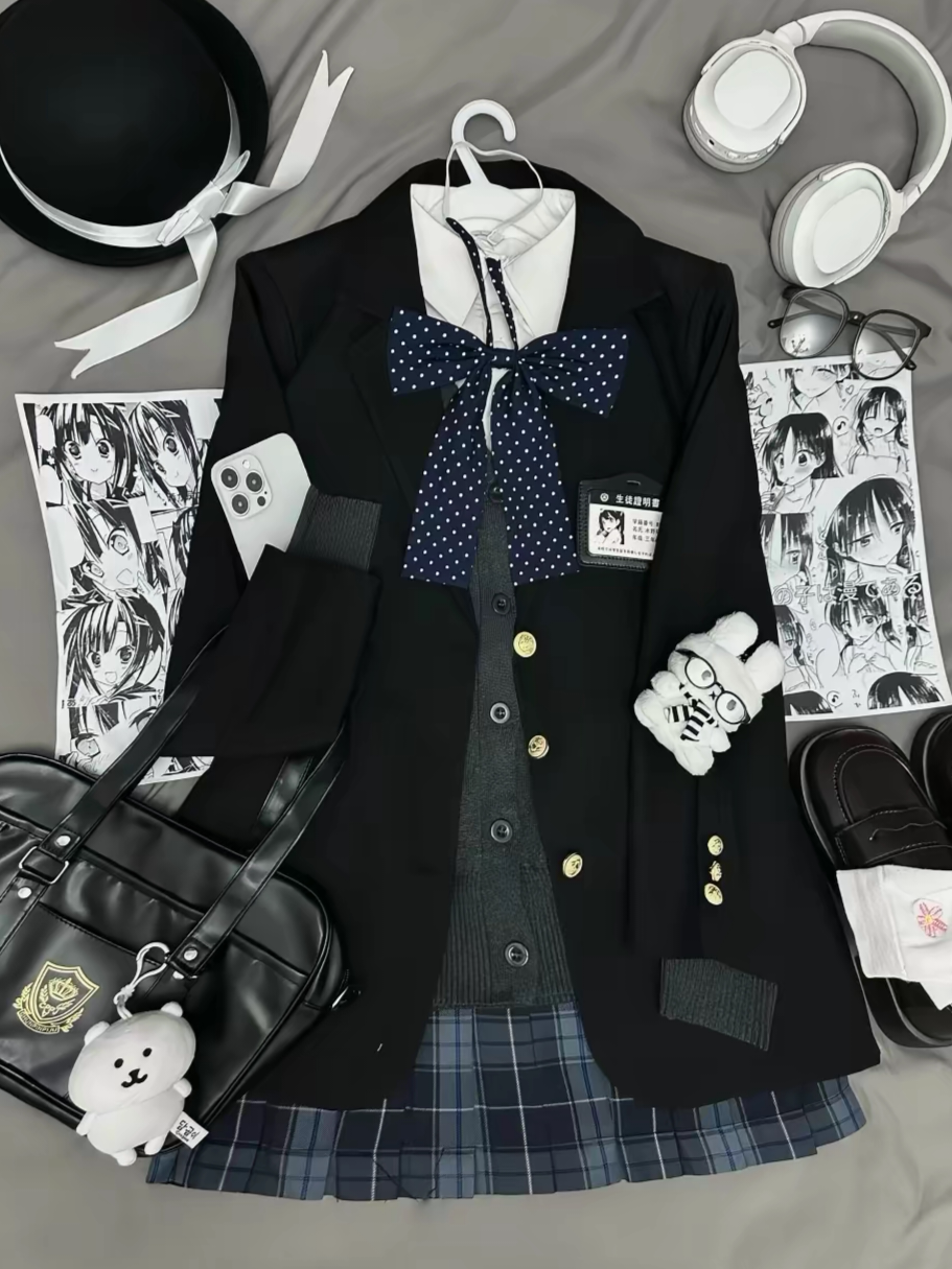 原创jk制服女秋冬学院校供感黑色西装外套长袖针织衫格裙叠穿套装