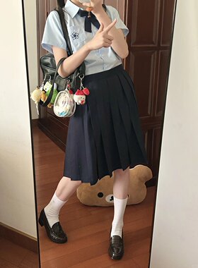 学生党日系Jk制服蓝色樱花刺绣宽松显瘦衬衫叠穿绀中长裙校供套装