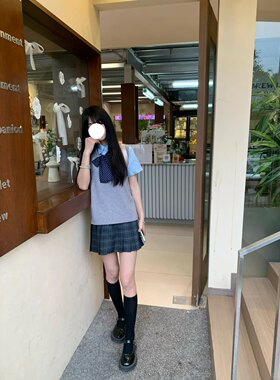 学院风Jk制服浅灰套头背心内搭衬衫叠穿海苔格裙校供感女学生套装